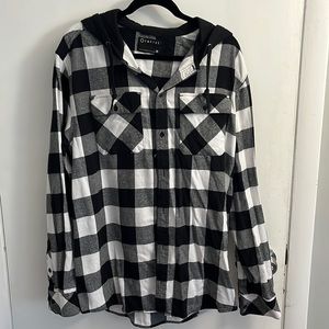 Empyre brand. black and white button down flannel. Has black hood. Size X-LARGE.